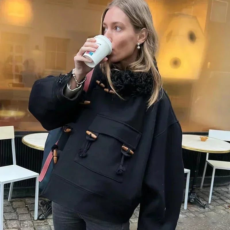 2023 New Autumn and Winter Women Fashion Furry Collar Horn Button Woolen Coat Thick Jacket Style Coat