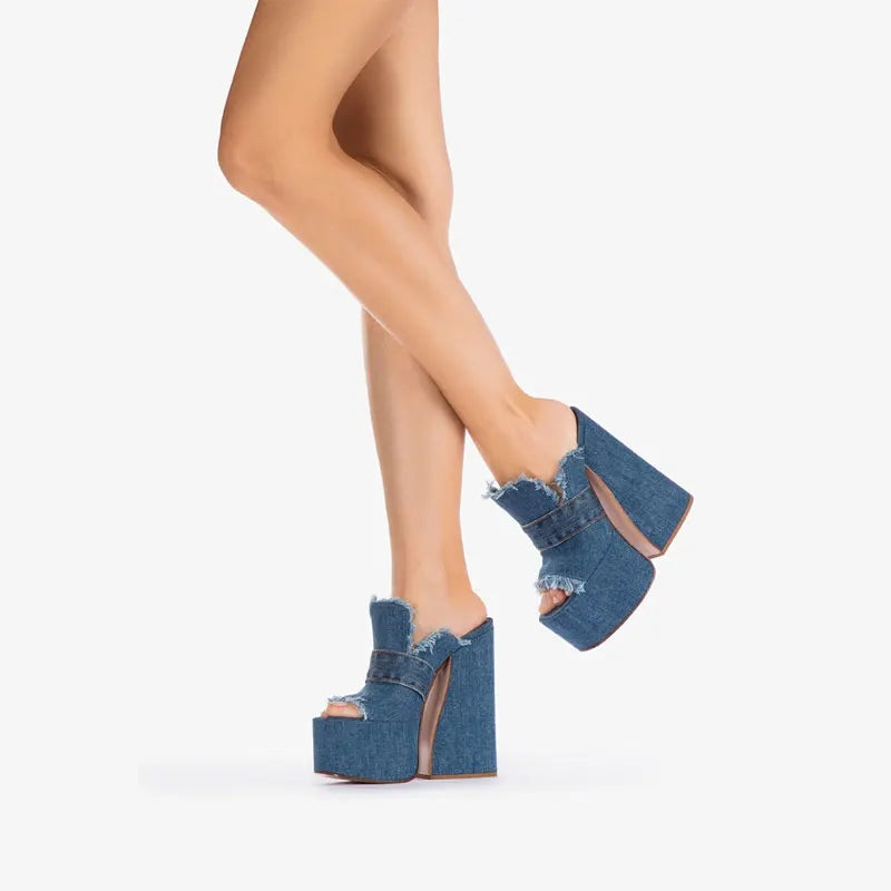 Arden Furtado 2024 Summer Denim Peep toe Square heel Mules Round toe Platform Super high heel Word slippers Large size