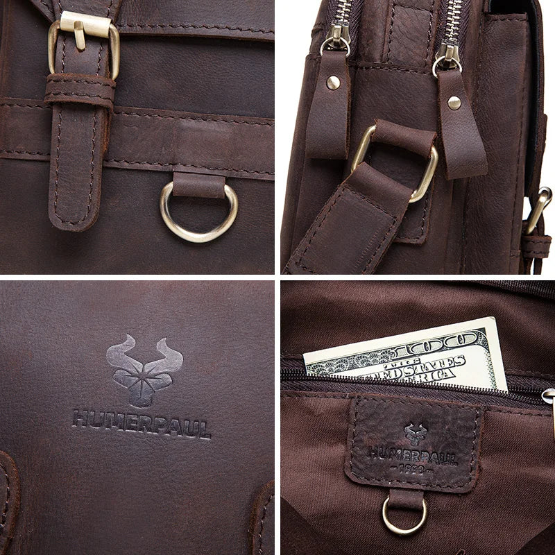 HUMERPAUL Shoulder Bag for Men Casual Genuine Leather Messenger Crossbody Bags Business Handbag for Work Full Grain Leather