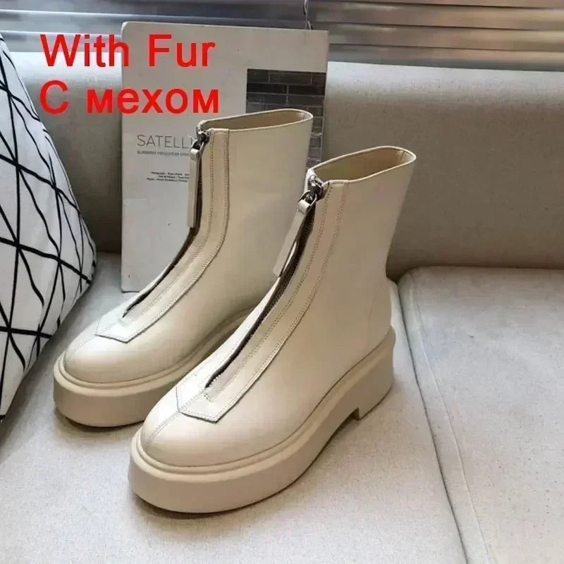 JOZHAMTA Size 34-41 Real Leather Women Ankle High Boots Thick Heels Platform Booties Fall Winter Shoes 2025 Casual Office Dress