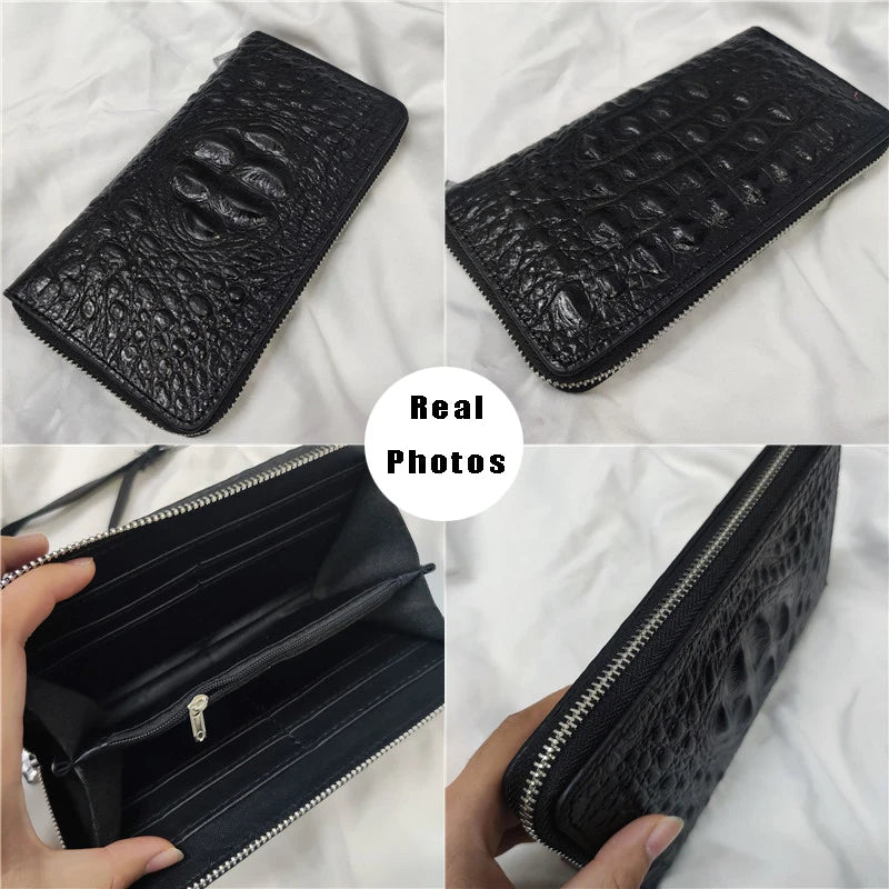 Business Men's Wallet Genuine Leather Clutch Purse Men Zipper Fashion Long Crocodile Pattern Cowhide Hand Bag Man Card Holder