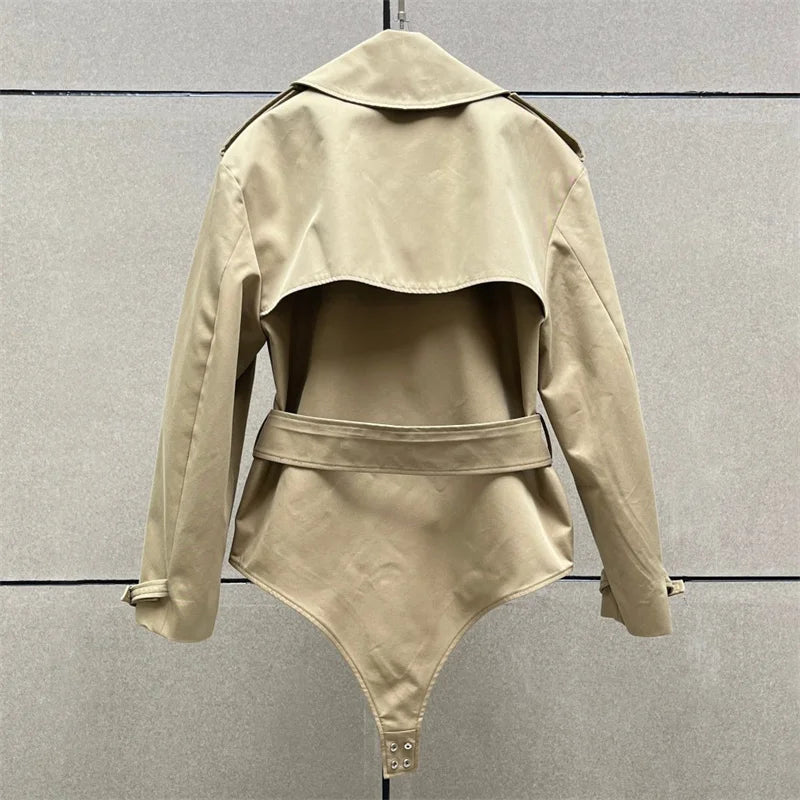 Women's jackets 2025 summer new belt slim fit lapel long sleeved top High quality pure cotton Women's coat jumpsuit windbreaker