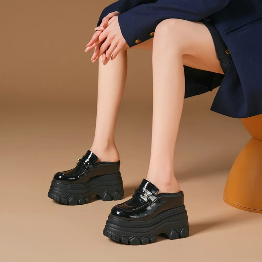 High Heels Baotou Half Slippers Women's Summer 2024 New Genuine Leather Fashion Women's Mules Shoes Thick Heel Wedges Slippers