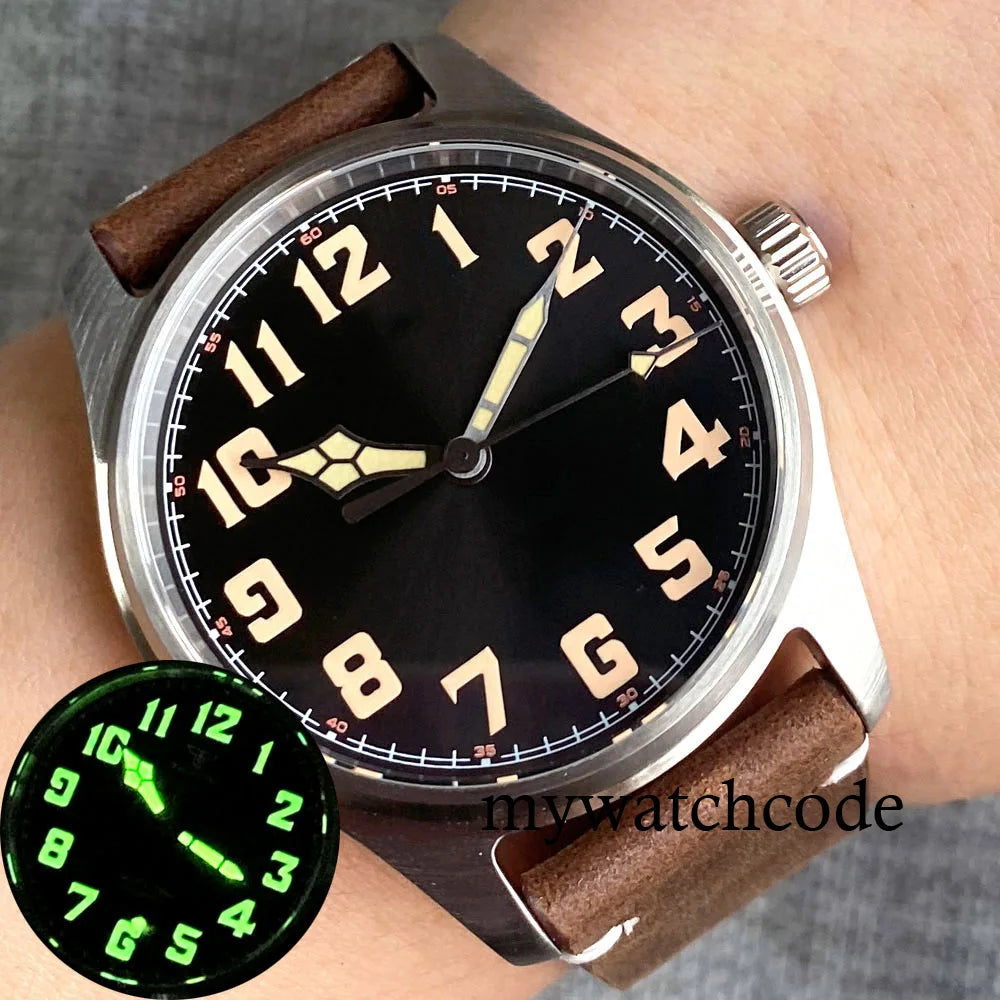 Waterproof Vintage Pilot Watch Tandorio Black NH35 Mechanical Clock Men Arabic Numerals 39mm Sport Clock Reloj Hombre Big Crown