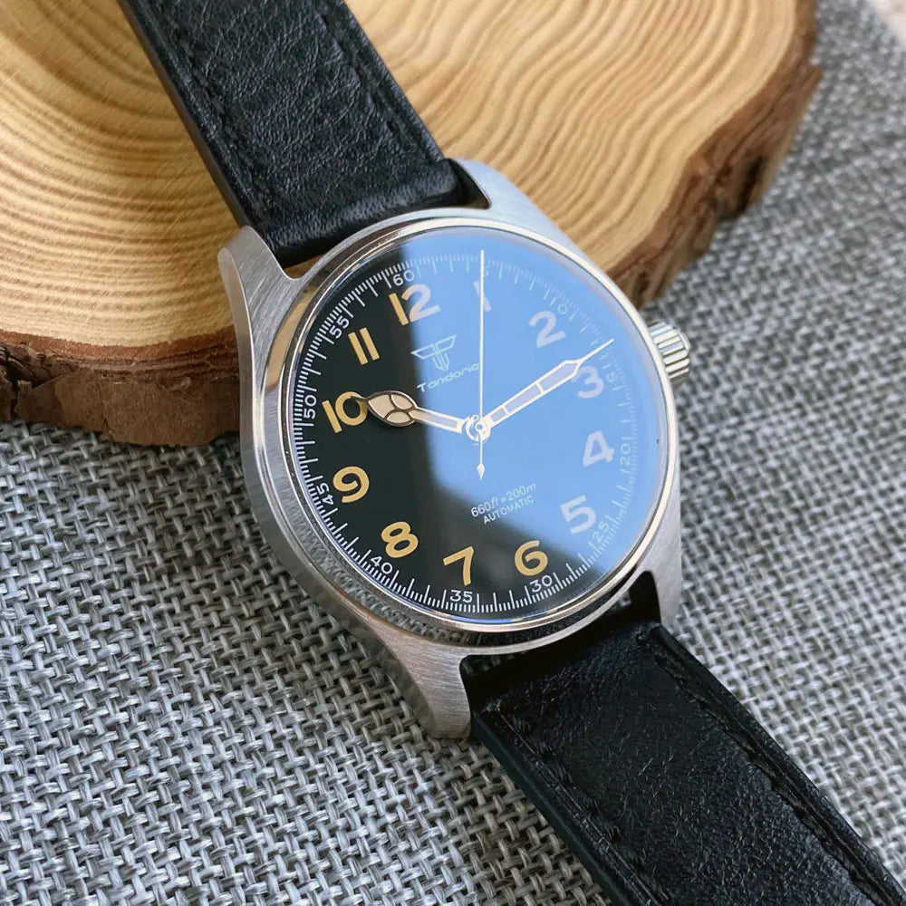 Tandorio Dive Khaki Field Series Pilot Mechanical Watches for Men 200M Waterproof Polish Bezel NH35AA Movt Beige Snake Hand