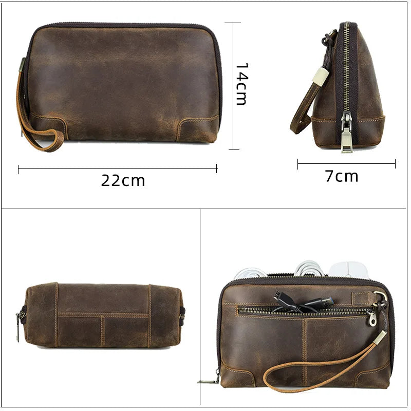 Vintage Men's Genuine Leather Clutch Bag Brown Cow Leather Storage Bag travel Toiletry kits wash bag genuine leather men women