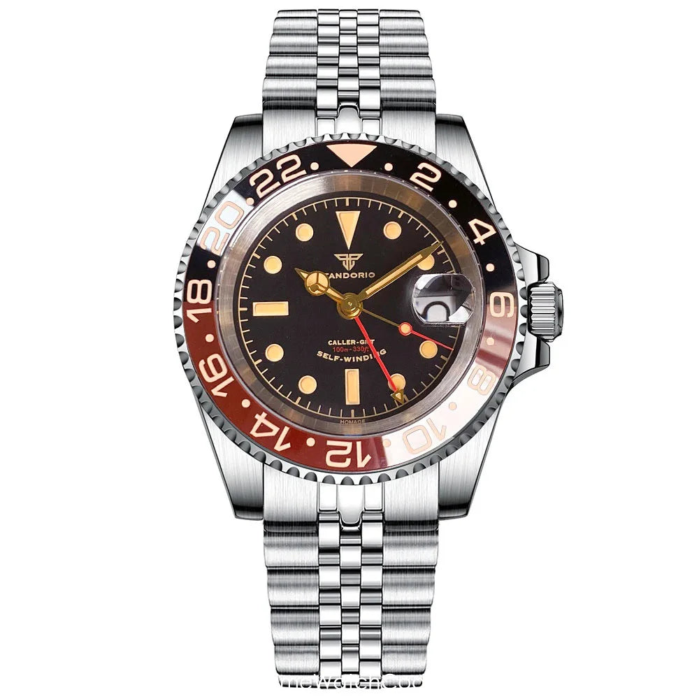 Tandorio Retro NH34A Automatic Watch for Men Diving GMT Movement Vintage Luminous Sapphire 20BAR Waterproof 316L Bracelet 40mm