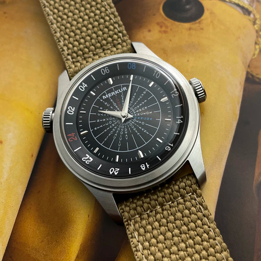 2025 NEW Merkur Dual Crown Universal Time Watch Retro Manual Mechanical Watches for Men Watch Vintage 38mm Reloj Hombre Black