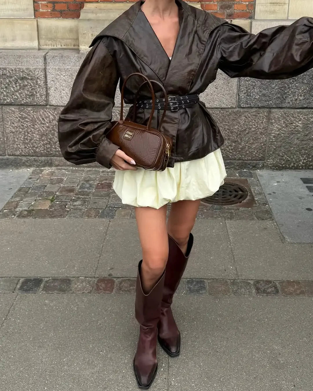 Women Belt Navy Collar Leather Short Jacket Casual Full Sleeve Slim Cropped Brown Pu Coat Lady New Highstreet Party Outwear
