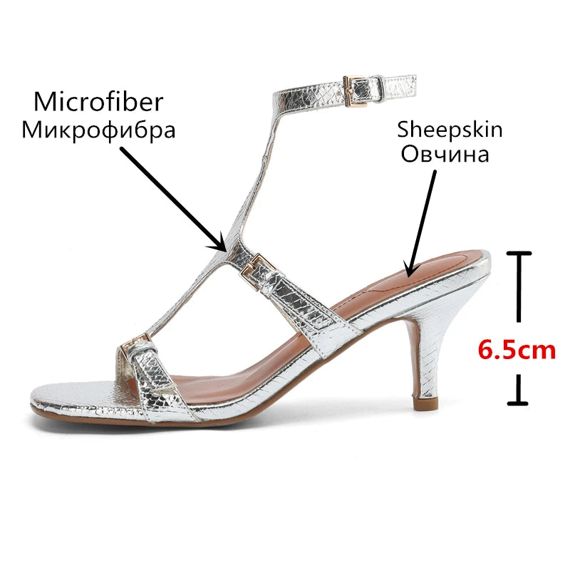 MORAZOR Plus Size 34-41 New Faux Leather Women Sandals Buckle Gold Silver High Heels Sandals Fashion Summer Ladies Party Shoes