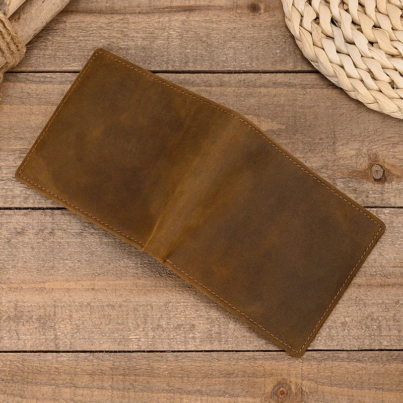 Men Genuine Leather Pocket Wallet Card Holder Sling Cow Leather Purse For Men Brown Retro Crazy Horse Leather Casual Short Purse