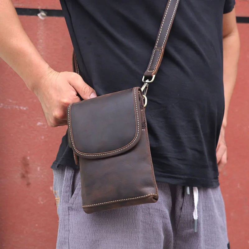 7.5" Leather Phone Pouch phone bag men wear leather belt mobile phone fanny pack for shoulder bag holster leather Mini Men's bag