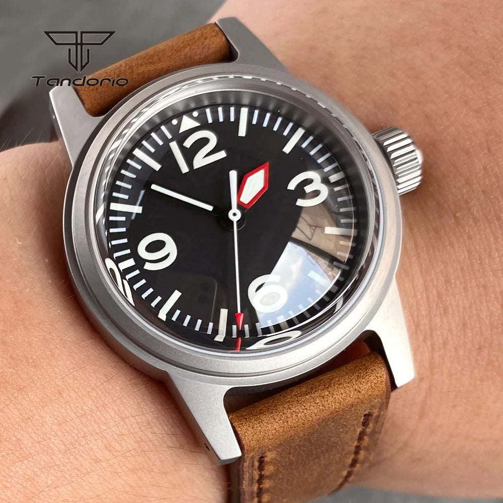 Tandorio Sandblasted 36mm Men's Dive Mechanical Wristwatch Domed Sapphire Crystal NH35 PT5000 20BAR Luminous Watch Date Leather