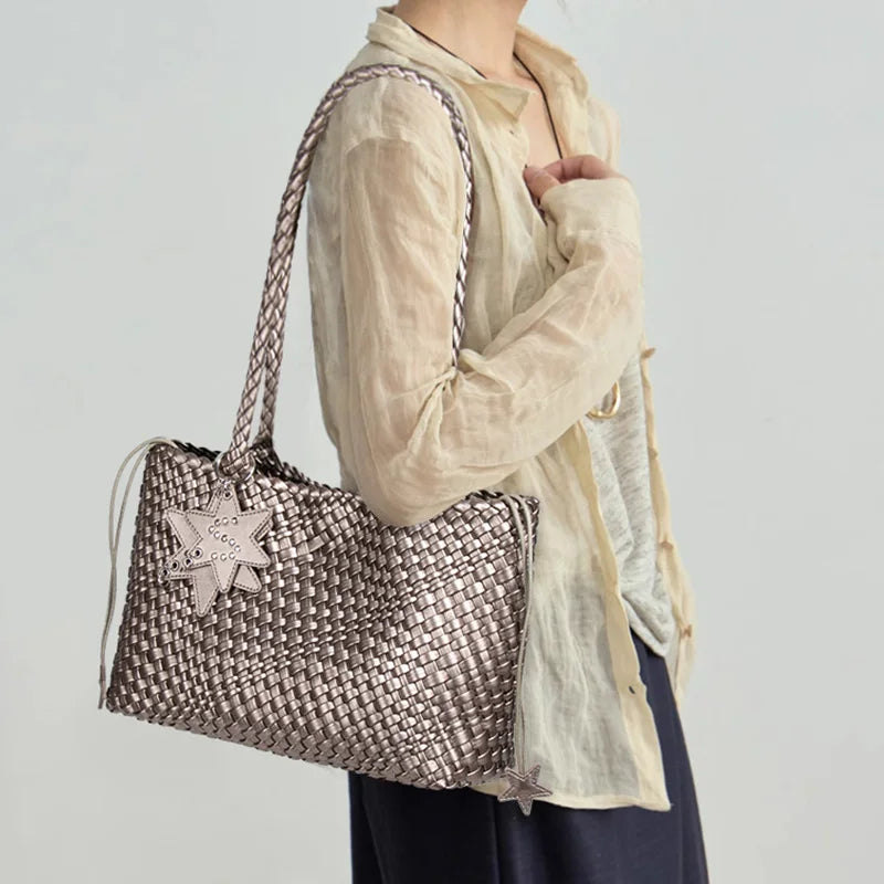 New Style Hand-woven Women's Bag Trendy Single-shoulder Underarm Bag Textured Casual Hand-held Mother-Daughter Tote Bag Handbag