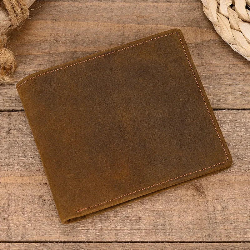 Men Genuine Leather Pocket Wallet Card Holder Sling Cow Leather Purse For Men Brown Retro Crazy Horse Leather Casual Short Purse