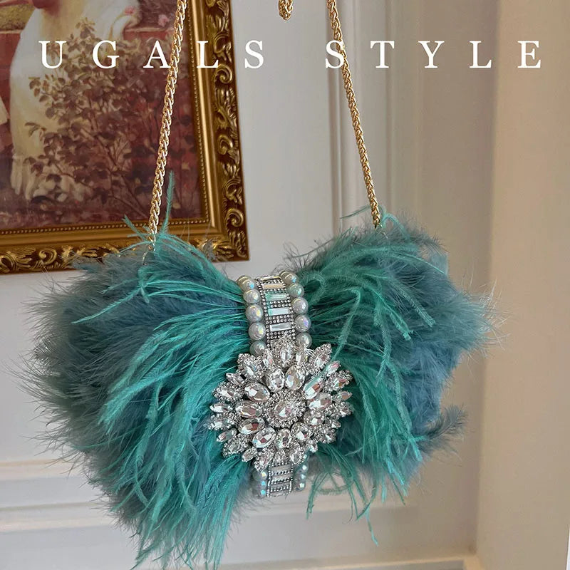 Luxury Ostrich Feather Handbags Diamond Bag Pearl Evening Bags For Women Shoulder Crossbody Bag Party Purse Wedding Clutch