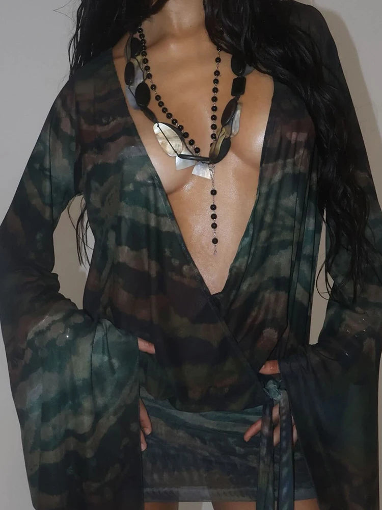 Nibber Sexy See Through Tie-Dye Dress Women Deep V-Neck Lace-Up Backless Loose Full Sleeve Summer Party Coquette Mini Bodycon