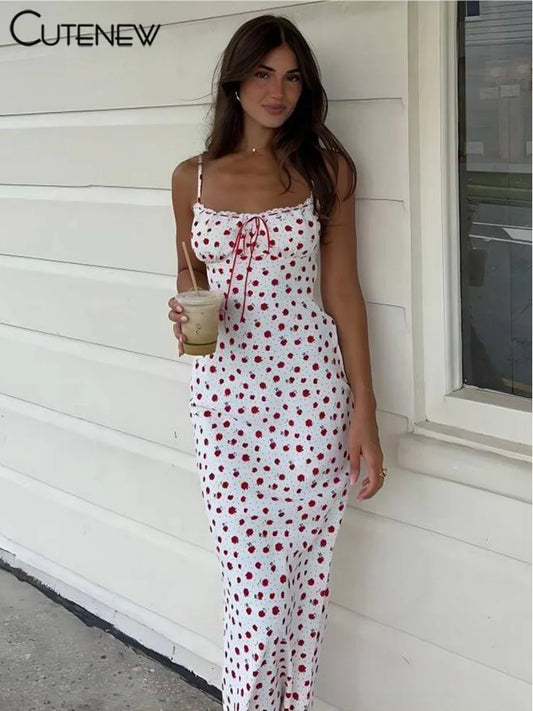 Cutenew Rose Print Trend Maxi Dresses Women Summer Hipster Suspendency Bandage Straight Bodycons Female Concise Street Vestidos