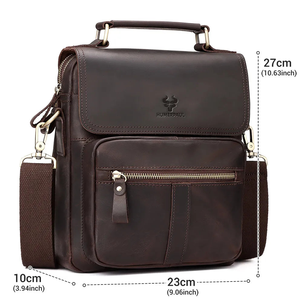 HUMERPAUL Full Grain Leather Shoulder Bag Retro Business Crossbody Bag for Work Large Capacity Male Messenger Bag Travel Bag