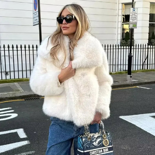 BSK&TRAF Women's 2025 New Large Lapel Thickened Coat Artificial Fur Effect Temperament Elegant Warm Jacket