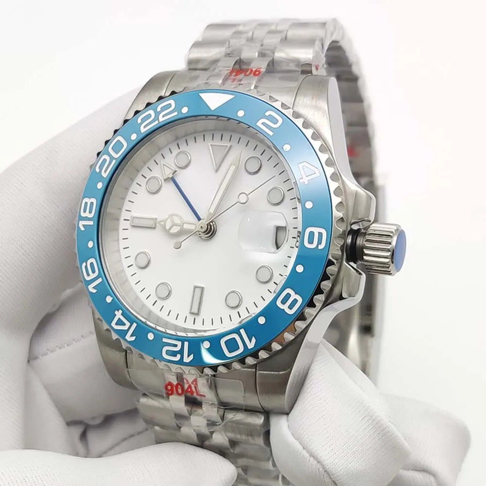 Men's New Elegant White GMT Watch, NH34 Movement, Sapphire Glass, Stainless Steel Waterproof Men's Mechanical Watch