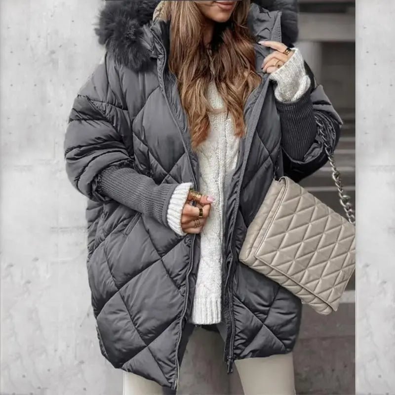 Women’s Hooded Casual Parka Padded Coat Winter Warm Cardigan Jacket With Knit Sleeves Patchwork