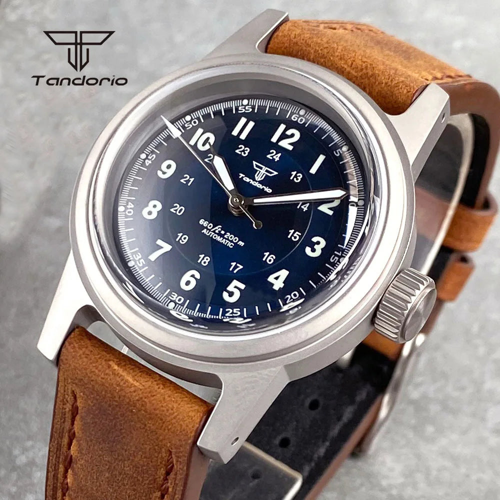 Tandorio Sandblasted 36mm Men's Dive Mechanical Wristwatch Domed Sapphire Crystal NH35 PT5000 20BAR Luminous Watch Date Leather