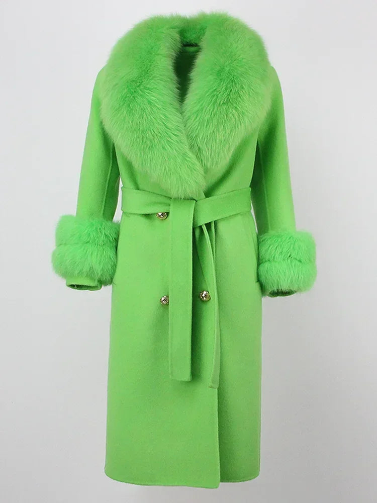 2024 Winter Jacket Women Long Natural Wool Blends Cashmere Real Fur Coat Double Breasted Belt Warm Wool Streetwear New Fashion