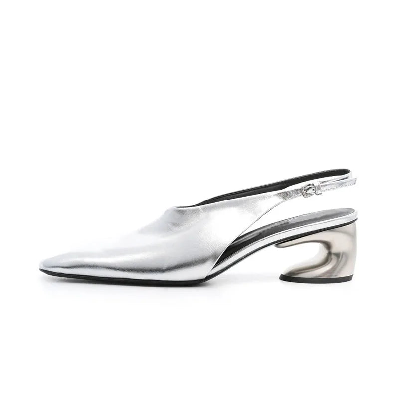 Arden Furtado 2024 Summer Square toe Strange Style Shallow Belt buckle Back Strap Middle heel Closed toe Sandals large size