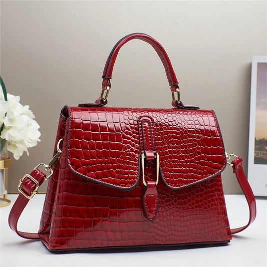 TRAVEASY Brand 2025 New Women's Tote Crossbody Shoulder Bag Crocodile-Embossed Glossy Flap Spacious Capacity Fashionable Handbag