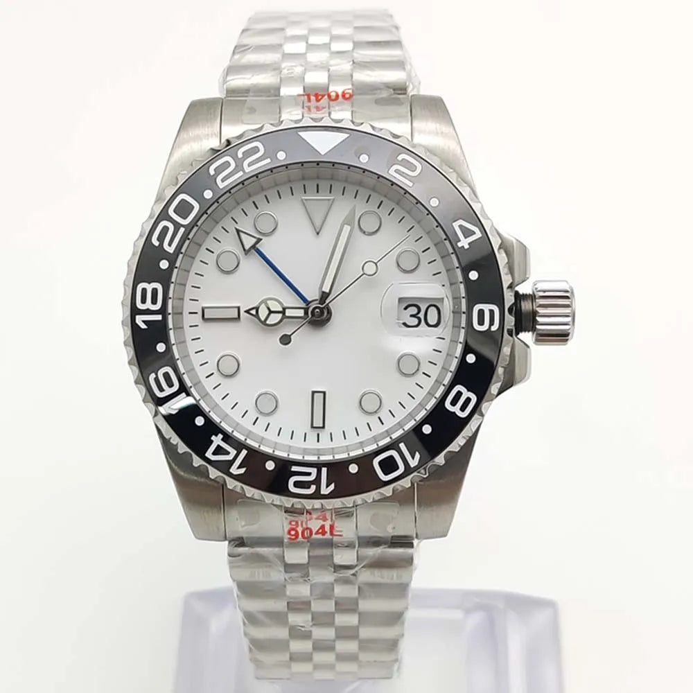 Men's New Elegant White GMT Watch, NH34 Movement, Sapphire Glass, Stainless Steel Waterproof Men's Mechanical Watch
