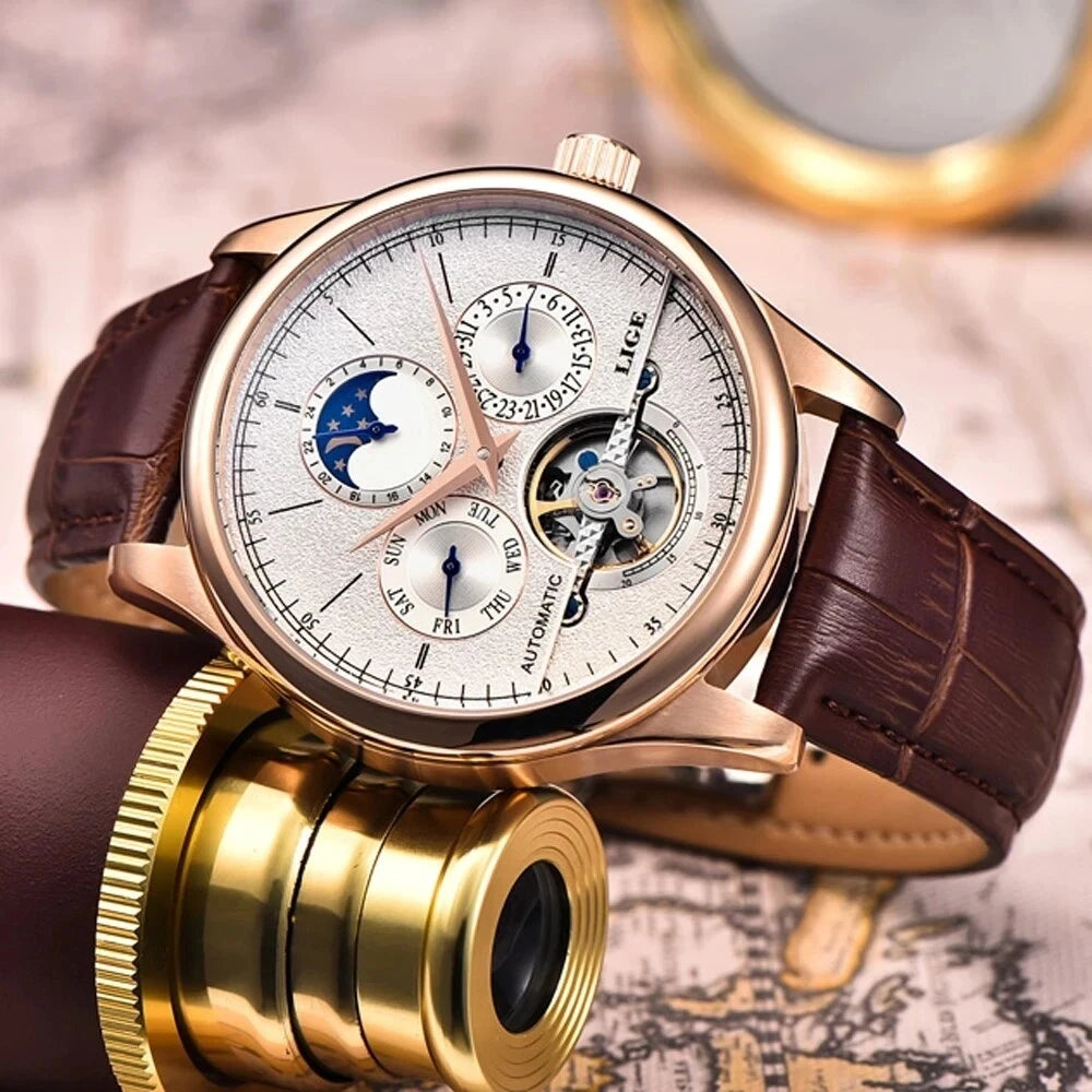 LIGE 2024 New Retro Men Watch Top brand Luxury Tourbillon Watch Men Fashion Waterproof Men Mechanical Wristwatches Montre Homme