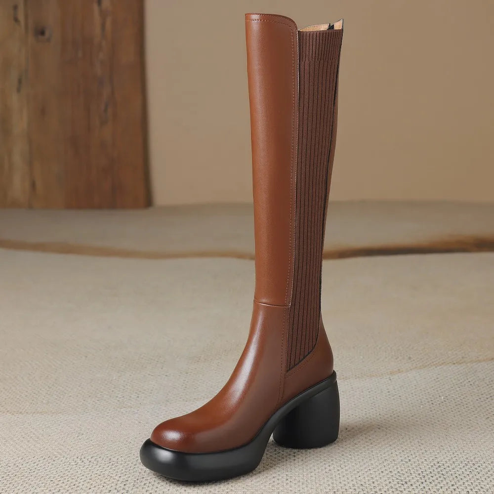 Women's genuine leather stretch knit patchwork back zip autumn knee high boots round toe casual female long boots shoes women 40