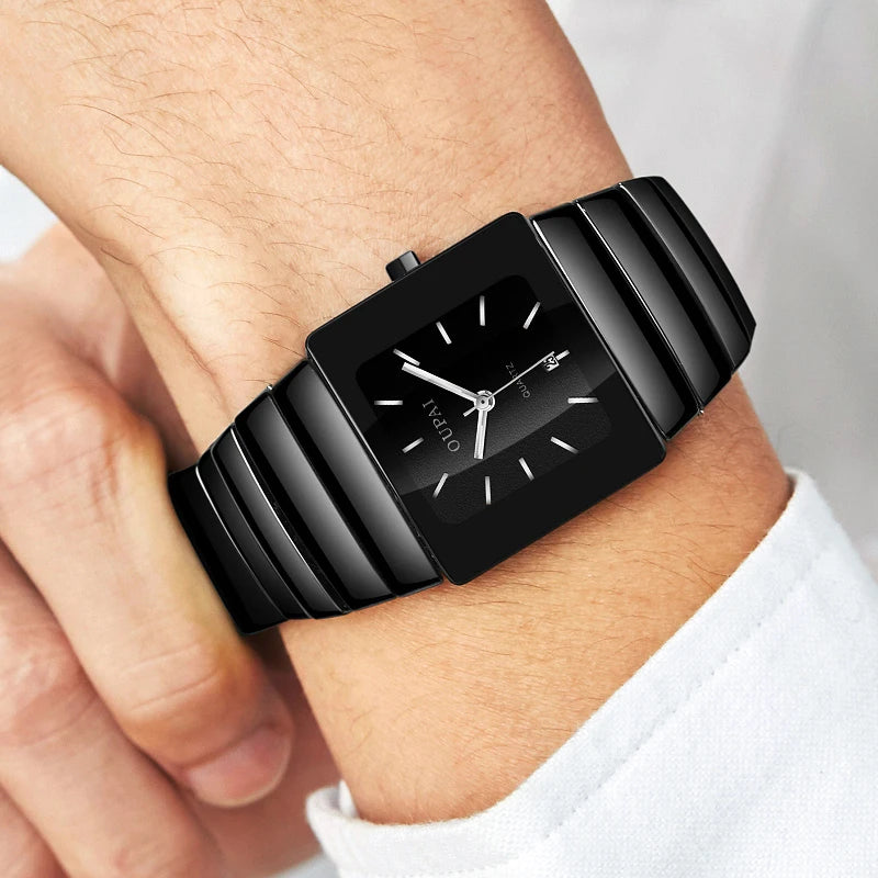 Oupai rectangular black ceramic quartz watch tonneau type watch luminous business simple luxury watch men