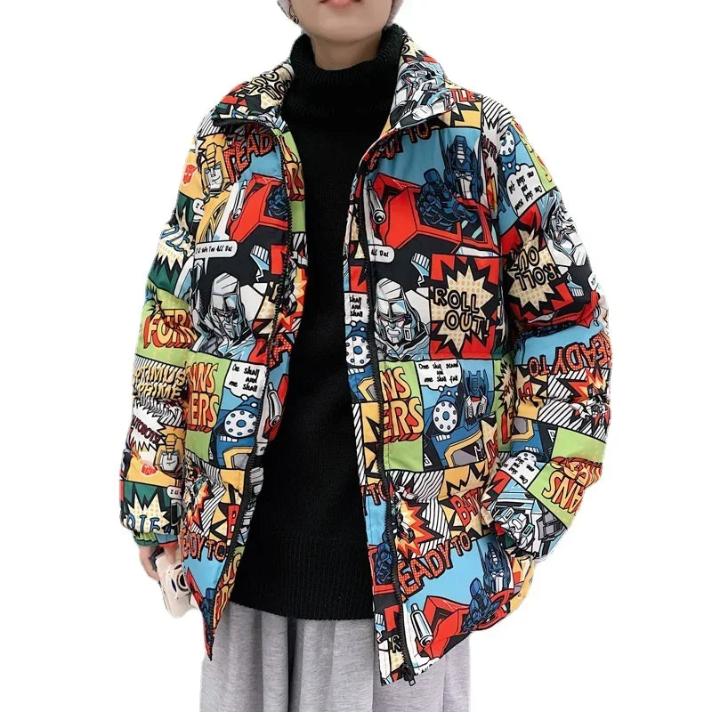 Hip Hop Graffiti Cartoon Print  Parkas Coats Men Streetwear Harajuku Mens Winter Thickend Warm Zipper Cotton Padded Jacket Women