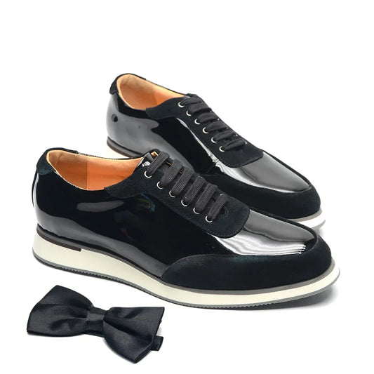 British Style Men's Oxford Sneakers Black Patent Leather with Cow Suede Lace-up Flat Winter Casual Business Office Shoes for Men