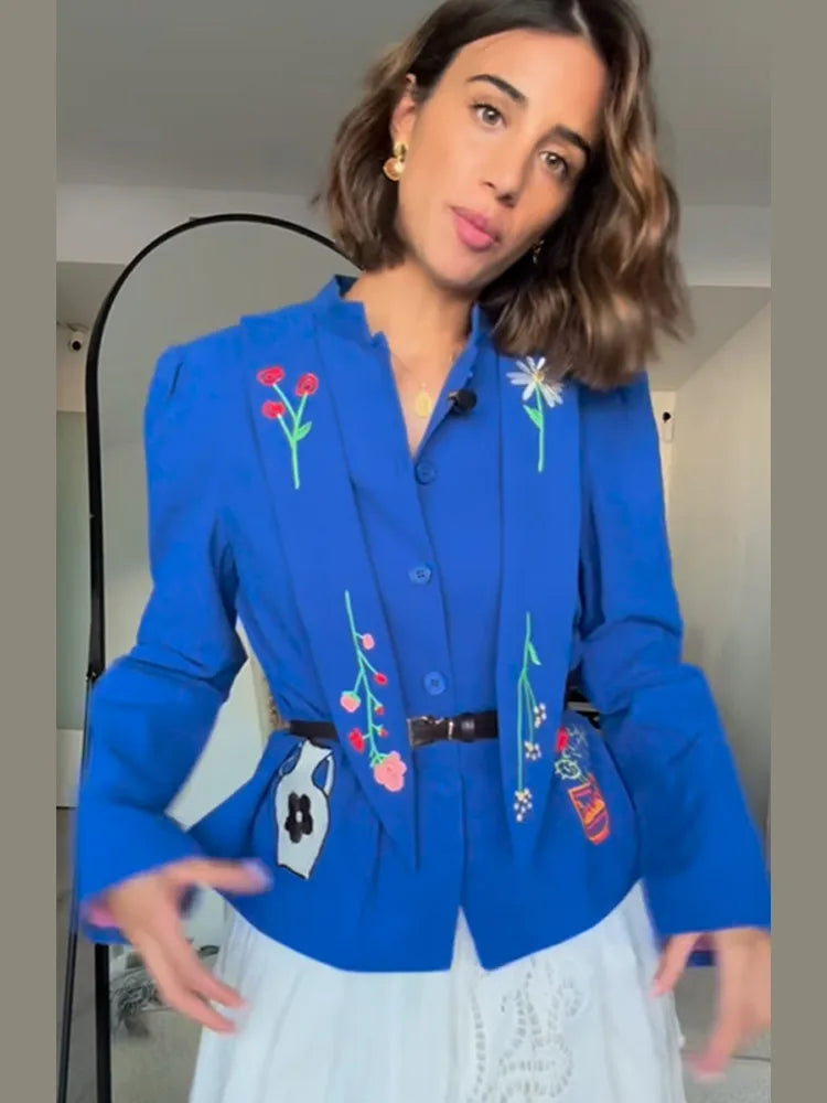 Embroidery Pink Cotton Linen Coat Women's Casual Lace Up Full Sleeves V Neck Loose Jacket 2025 Autumn Lady High Street Overcoats