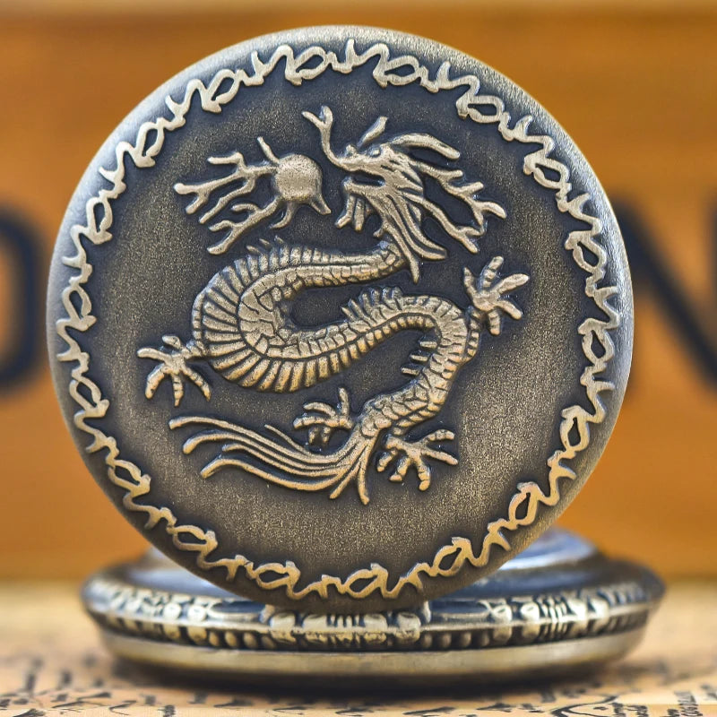 Vintage Bronze Clamshell Chinese Dragon Carved Necklace Quartz Pocket Watch Gifts Are Common For Male And Female Students
