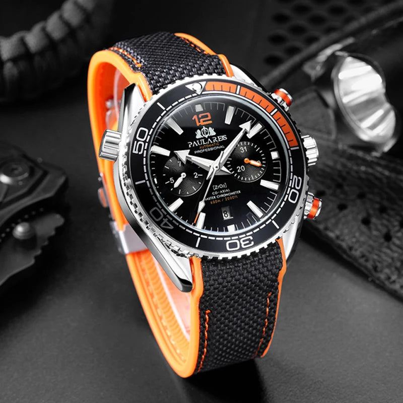 PAULAREIS P Luxury Men Automatic Self Wind Mechanical Watch for Men Rubber Strap Waterproof Luminous Date Fashion Mens Watches