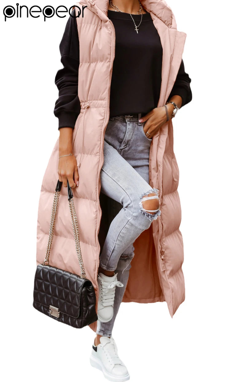 PinePear 2025 Fall Winter Fashion Women Super Long Quilted Vests Hooded Maxi Length Sleeveless Puffer Vest Padded Coat Outerwear