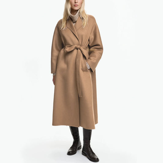 Women's Woolen Coats Vintage Belt Long Coats Casual Loose Solid Lapel Woolen Coat Female Winter Elegant Chic Street Outwear