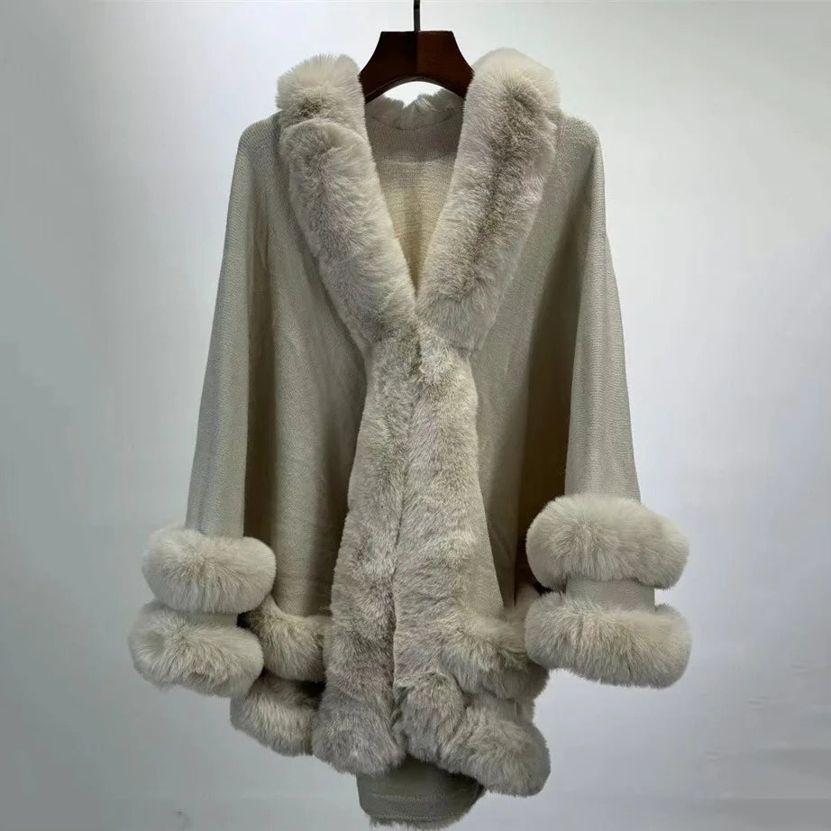 Women's Thick Warm Cashmere Poncho Capes, 2 Circle Faux Fur Collar, Big Pendulum Shawl, Overcoat Loose Cloak, Winter