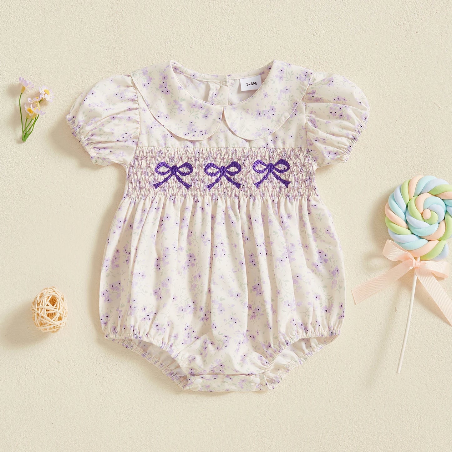 FOCUSNORM 3 Colors Lovely Baby Girls Rompers Bowknot Embroidered Print Doll Collar Short Sleeve Jumpsuits Summer Clothes