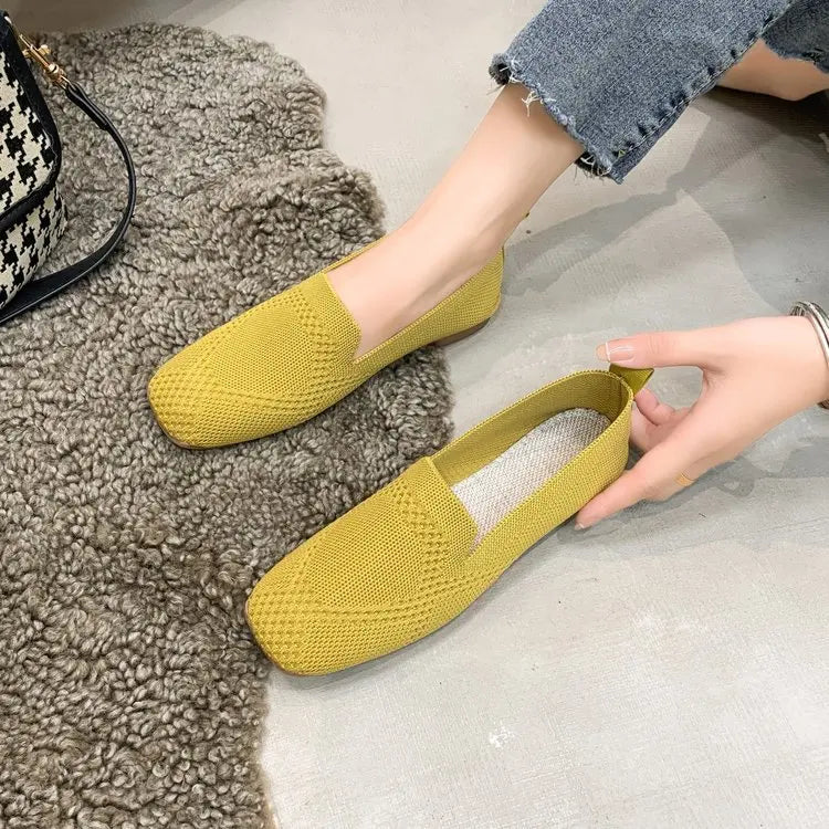 Flat Mesh Knitted Striped Flats Shoes for Women Autumn New Light Slip on Flat Casual Shoes Ladies Square Toe Breathable Sneakers