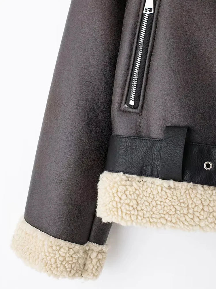 TRZA-Women's Thick Warm Suede Jacket with Belt, Long Sleeve Coats, Faux Shearing, Female Outerwear, Chic Tops, Winter Fashion