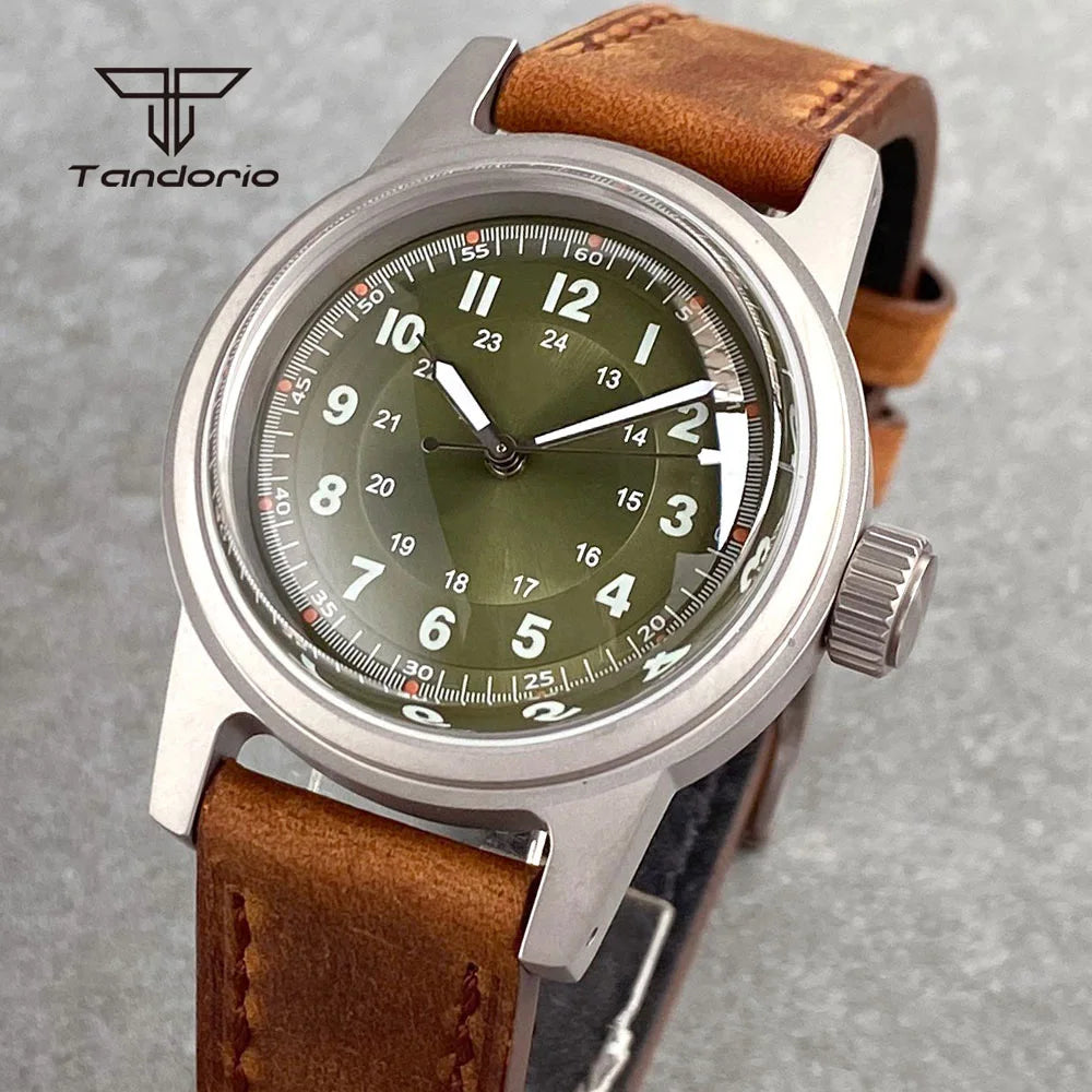 Tandorio Sandblasted 36mm Men's Dive Mechanical Wristwatch Domed Sapphire Crystal NH35 PT5000 20BAR Luminous Watch Date Leather