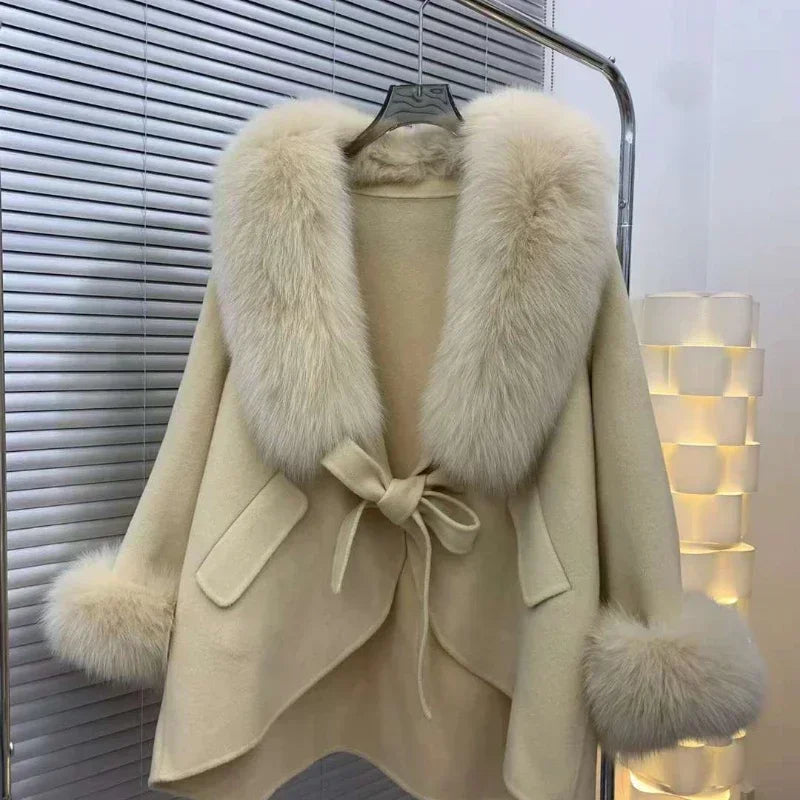2023 Cashmere Wool Blends Coat Winter Autumn Women Jacket Real Fox Fur Collar Loose Thick Warm Outerwear Streetwear
