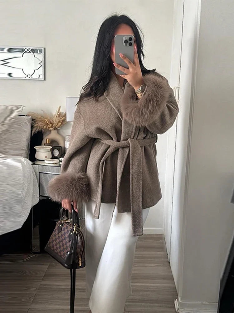 Elegant Lace Up Fur Patchwork Coat Women Loose Solid Long Sleeve V-neck Open Stitch Coats Female 2025 Autumn Fashion Lady Jacket