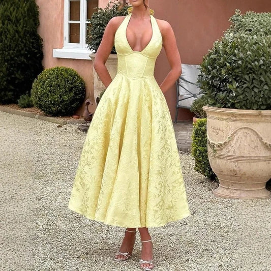 Deeptown Elegant Evening Party Dresses for Women Halter V-neck Pleated Long Dress Sexy Backless Prom Gown Summer Red Midi Dress