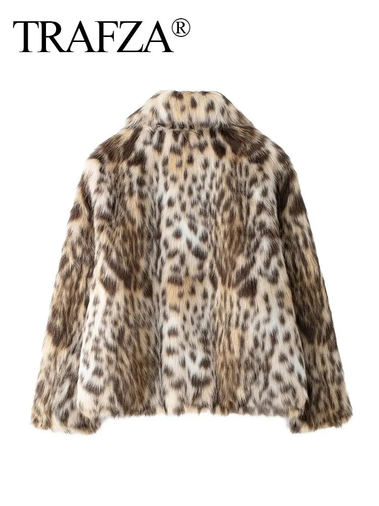TRAFZA Winter Woman Leopard Print Lapel Faux Fur Loose Coat Pockets Fashion Long Sleeves Fuzzy Jacket Female Warm Outerwear